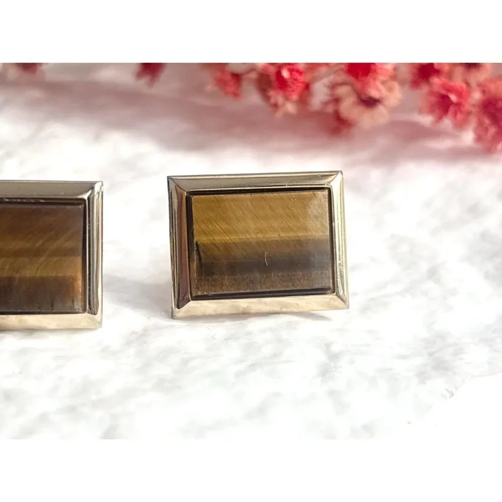 Faux Tiger's Eye Gold Toned Rectangular Vintage 80's Style Cuff Links